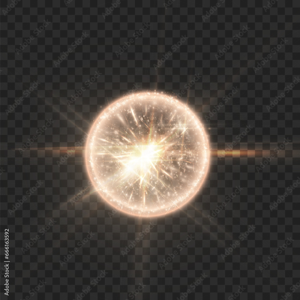 Poster Abstract light effect. Explosion of a golden nova in outer space. Vector on transparent background.
