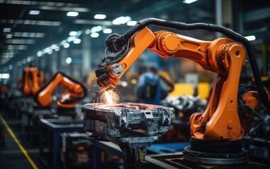 robot arm assembly machine factory workshop sparks photo manufacturing automated production