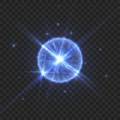 Abstract light effect. Explosion of a blue nova in outer space. Vector on transparent background.