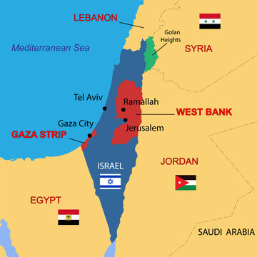 Israel country political map, including Golan Heights, West Bank and Gaza Strip. Detailed vector illustration with isolated provinces, departments, regions, cities, and states easy to ungroup.