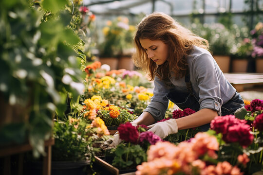 woman cutting flowers in an organic commercial plant nursery flower garden, generative ai