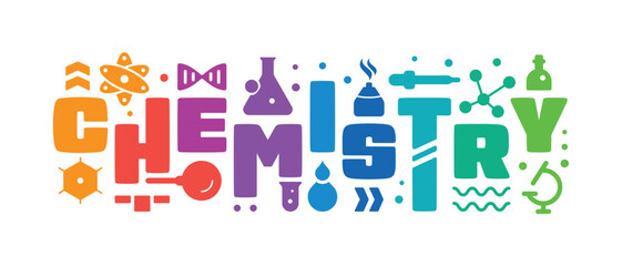 Fototapeta premium chemistry and chemistry symbols on a white background. chemistry symbols concept. test tube, magnifying glass, dropper, molecule, atom, microscope symbols and chemistry word