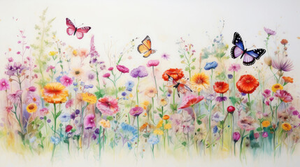 Acryl drawing of small colorful flowers and butterflies