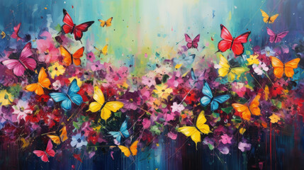 Obraz na płótnie Canvas Acryl drawing of small colorful flowers and butterflies