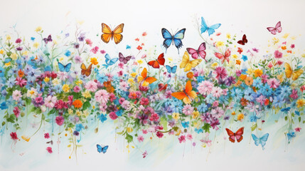 Fototapeta na wymiar Acryl drawing of small colorful flowers and butterflies