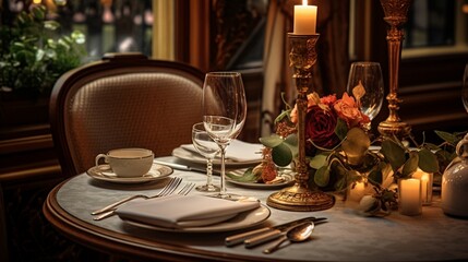 Close up Elegant Tabletop Setting Design for Two People Inside an Expensive Restaurant.
