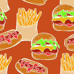 Fast food seamless vector pattern with hamburger, french fries, hot dog. Decorative design for wrapping paper, fabric print, digital background. Hand drawn doodle style cartoon illustration.