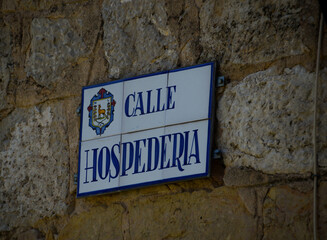 Exterior plaque on Hospederia street, in the town of "El Toboso" in Ciudad Real, Castilla la Mancha, Spain