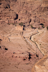 Scenic view of Colonnaded Street, Great Temple and Qasr al-Bint in the historic and archaeological city of Petra, Jordan