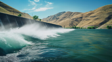 Water shoots out from Lucky Peak dam outside of Boise on a beautiful first summer day. Generative Ai