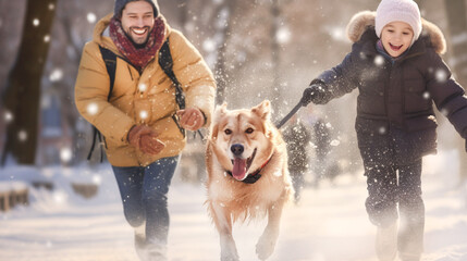 Cheerful domestic dog and young family, rejoicing, playing in winter Central Park. Winter vacation. Banner.