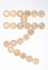 Top view of rupees symbol created by indian currency coin isolated on white background