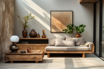Wooden living room with a wooden console and plant, in the style of modern, beige
