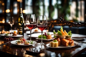 Naklejka na ściany i meble Elegant and select restaurant table Wine Glass and appetizers, on the bar table Soft light and romantic atmosphere dinner wedding service menue