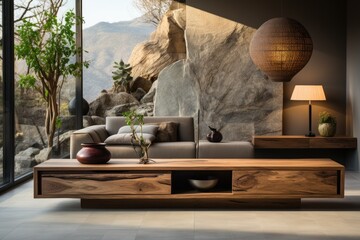 Wooden living room with a wooden console and plant, in the style of modern, beige
