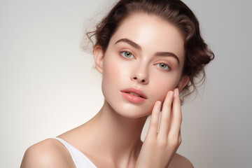 Fototapeta premium Close-up portrait of beautiful young woman with clean fresh skin, natural make-up. Studio shot.
