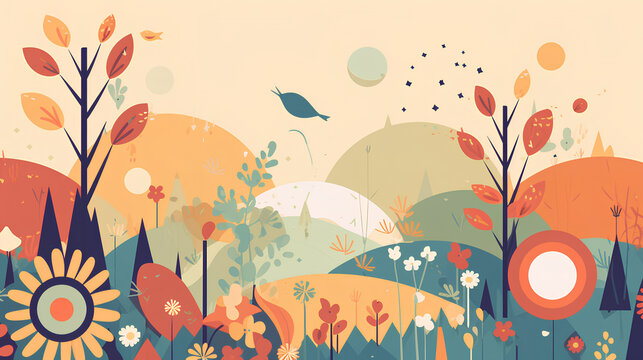 Illustration of autumn nature for background or banner. Teal and orange colors, flat retro style