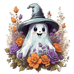 Cute ghost wearing witch hat surrounded by flowers, Happy Halloween, Generative AI