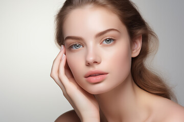 Close-up portrait of beautiful young woman with clean fresh skin, natural make-up. Studio shot.