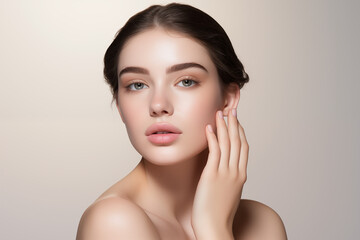 Close-up portrait of beautiful young woman with clean fresh skin, natural make-up. Studio shot.