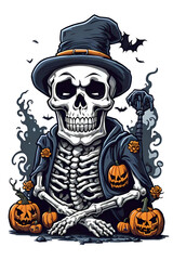 Skeleton with witch hat surrounded by pumpkins, Happy Halloween, Generative AI