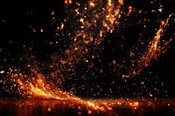 Fire embers particles over black background. Fire sparks background. Abstract dark glitter fire particles lights,