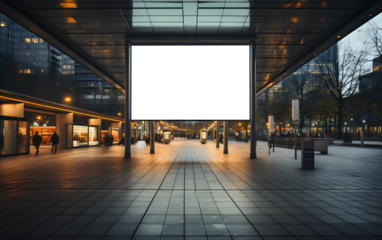Public shopping center mall, advertisement board space as empty blank mockup signboard in public with copy space area for sale and offers advertisements, transparent background