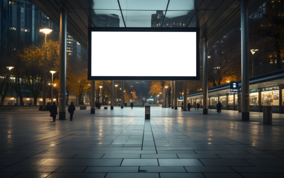 Public shopping center mall, advertisement board space as empty blank mockup signboard in public with copy space area for sale and offers advertisements, transparent background