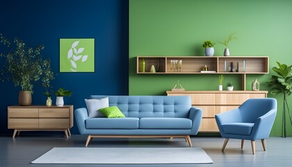 Modern Living room interior, blue sofa and armchair with wooden cabinet against wall divided on blue and green color, AI generative.