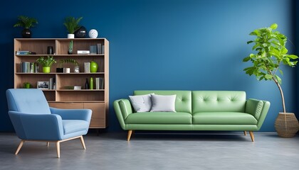 Green sofa with blue armchair and wooden cabinet against dark blue wall