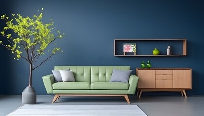 Modern home living room design, green sofa, wooden cabinet, AI generative.