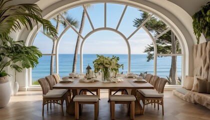 Large and wide dining room against the beach with plants on the side, AI generative.