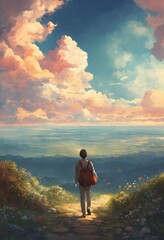 Obraz premium child on the beach,book cover,sky with clouds.