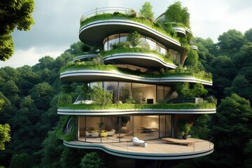 Modern building in the green forest. 3d rendering. Computer digital drawing, Ecofriendly building in the modern city, AI Generated - obrazy, fototapety, plakaty