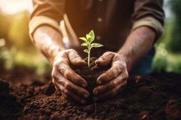 Hands of senior man holding green seedling growing in fertile soil, Farmer hands planting seeds in soil. Gardening and agriculture concept, AI Generated