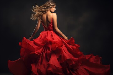 Beautiful young woman in a long red dress on a dark background, Fashion Woman in Red fluttering Dress Back Side Rear View, AI Generated - obrazy, fototapety, plakaty