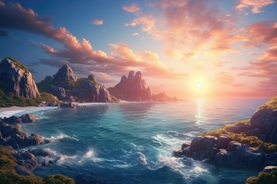 Beautiful seascape. Dramatic sunset over the sea, Fantasy Landscape with Mountain and the sea. 3D rendering, AI Generated