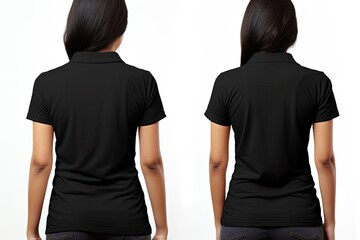 Front and back view of woman wearing blank black polo t-shirt template isolated on white background, Female models wearing sleeveless full skirts and standing in different poses, AI Generated