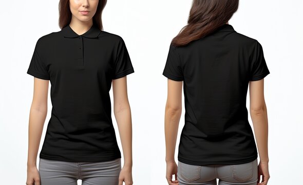 Blank black polo t-shirt template front and back view isolated on white background, Female models wearing sleeveless full skirts and standing in different poses on a white background, AI Generated
