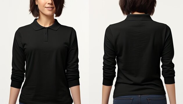 Blank black polo t-shirt mockup, front and back view, Female models wearing sleeveless full skirts and standing in different poses on a white background, full bodies, AI Generated