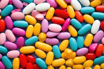 Colorful pills on blue background. Top view, flat lay, Full frame of colorful antimicrobial capsule pills, AI Generated