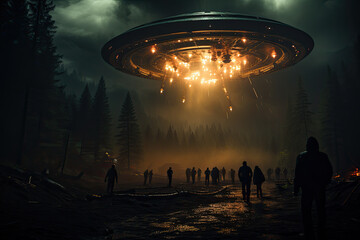 Frightened, wary crowd of people witness fall after explosion and destruction of glowing UFO flying saucer with rays of light in mystical forest landscape at night - obrazy, fototapety, plakaty