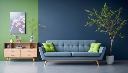 Modern interior living room with blue and green wall and light blue sofa and small wooden Cabinet, AI generative.