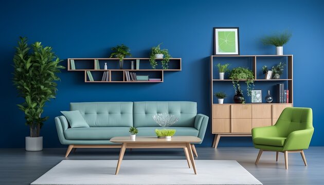 Interior living room with strong blue wall, décor on the wall and light green sofa and wooden closet with coffee table against the wall, AI generative.