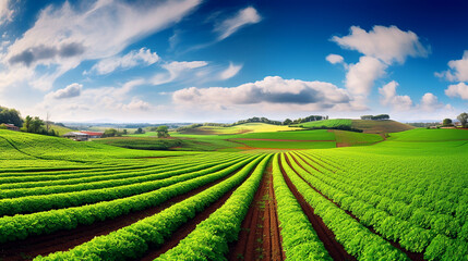 Beautiful green fields sown with agricultural crops, straight rows, modern agriculture. Beautiful sky. - obrazy, fototapety, plakaty