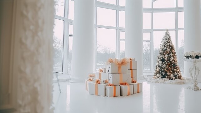 Gifts And Christmas Tree In White Room