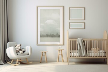 Mockup of a nursery frame in a kid's room, rendered in 3D. Generative AI