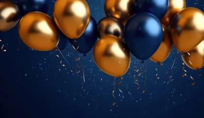 Poster Golden and blue balloons with confetti on blue background © Anna