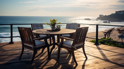 Table and chairs in various places, the sea, the top of the building, terrace, apartment created with generative AI technology