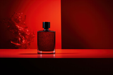 Shiny perfume bottle standing on a dark  red background with red lighting